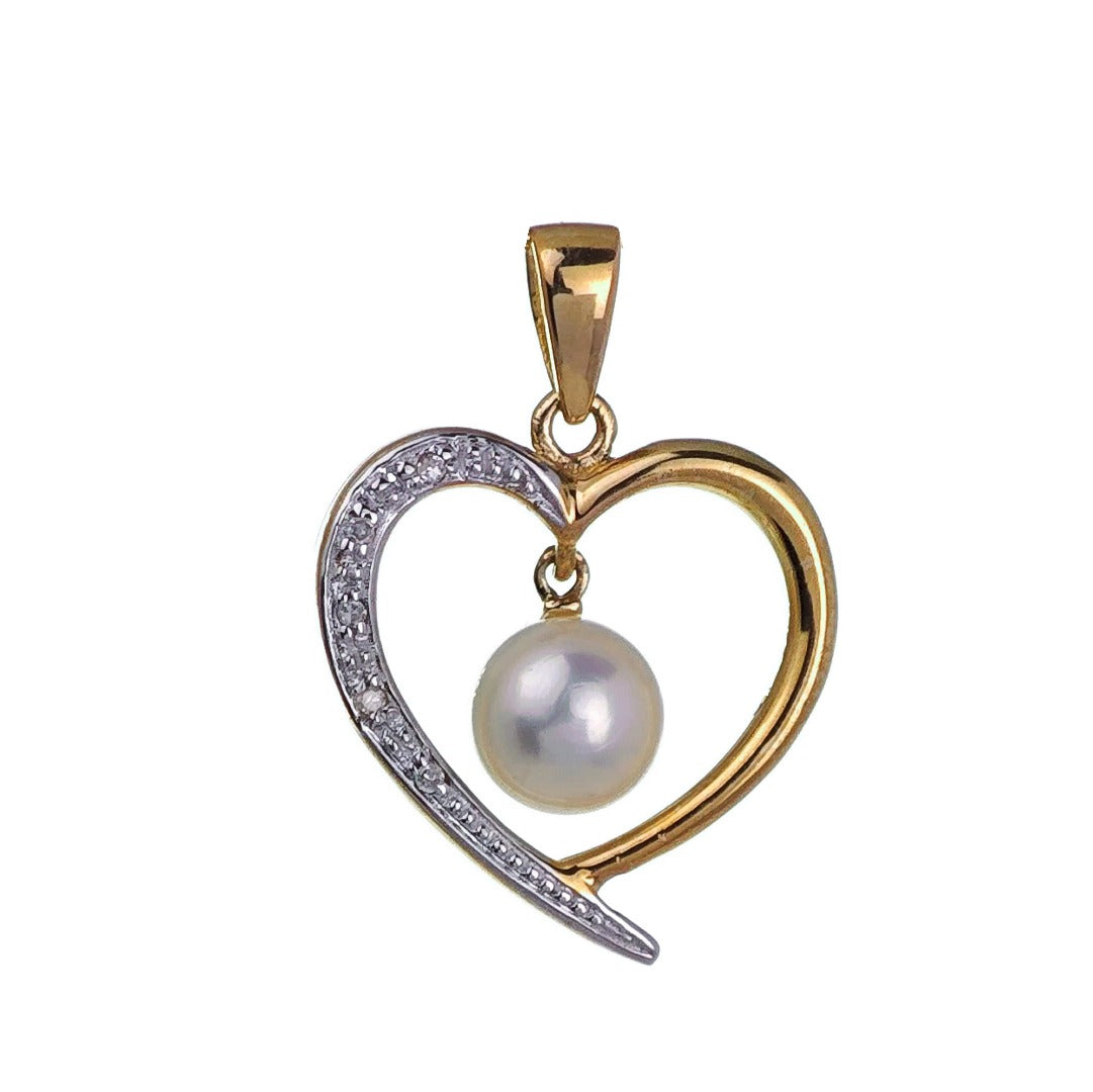 9ct Pearl Heart Necklace Diamond Yellow Gold White Round Natural Gemstone Boxed