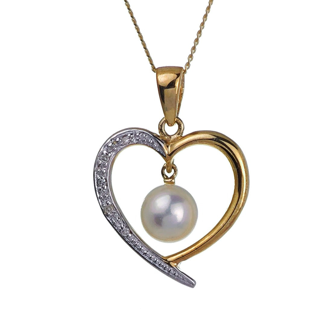 9ct Pearl Heart Necklace Diamond Yellow Gold White Round Natural Gemstone Boxed