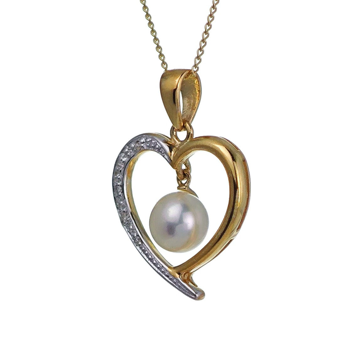 9ct Pearl Heart Necklace Diamond Yellow Gold White Round Natural Gemstone Boxed