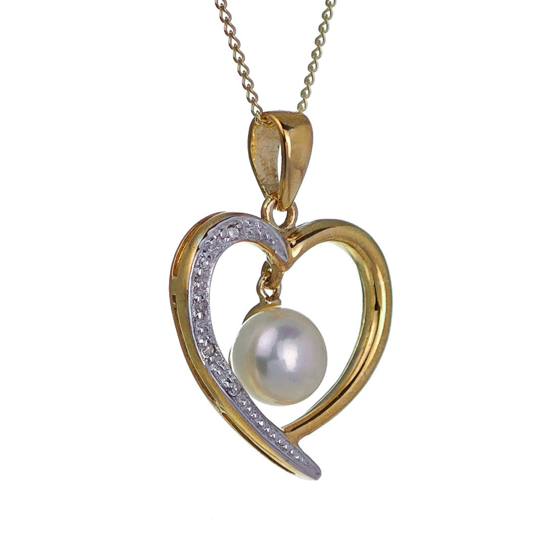 9ct Pearl Heart Necklace Diamond Yellow Gold White Round Natural Gemstone Boxed