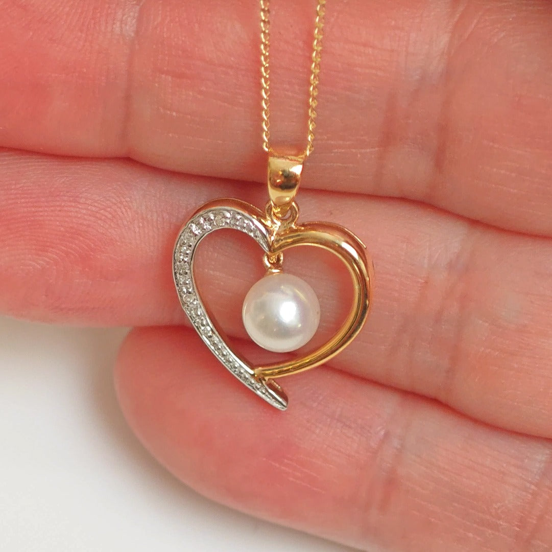 9ct Pearl Heart Necklace Diamond Yellow Gold White Round Natural Gemstone Boxed