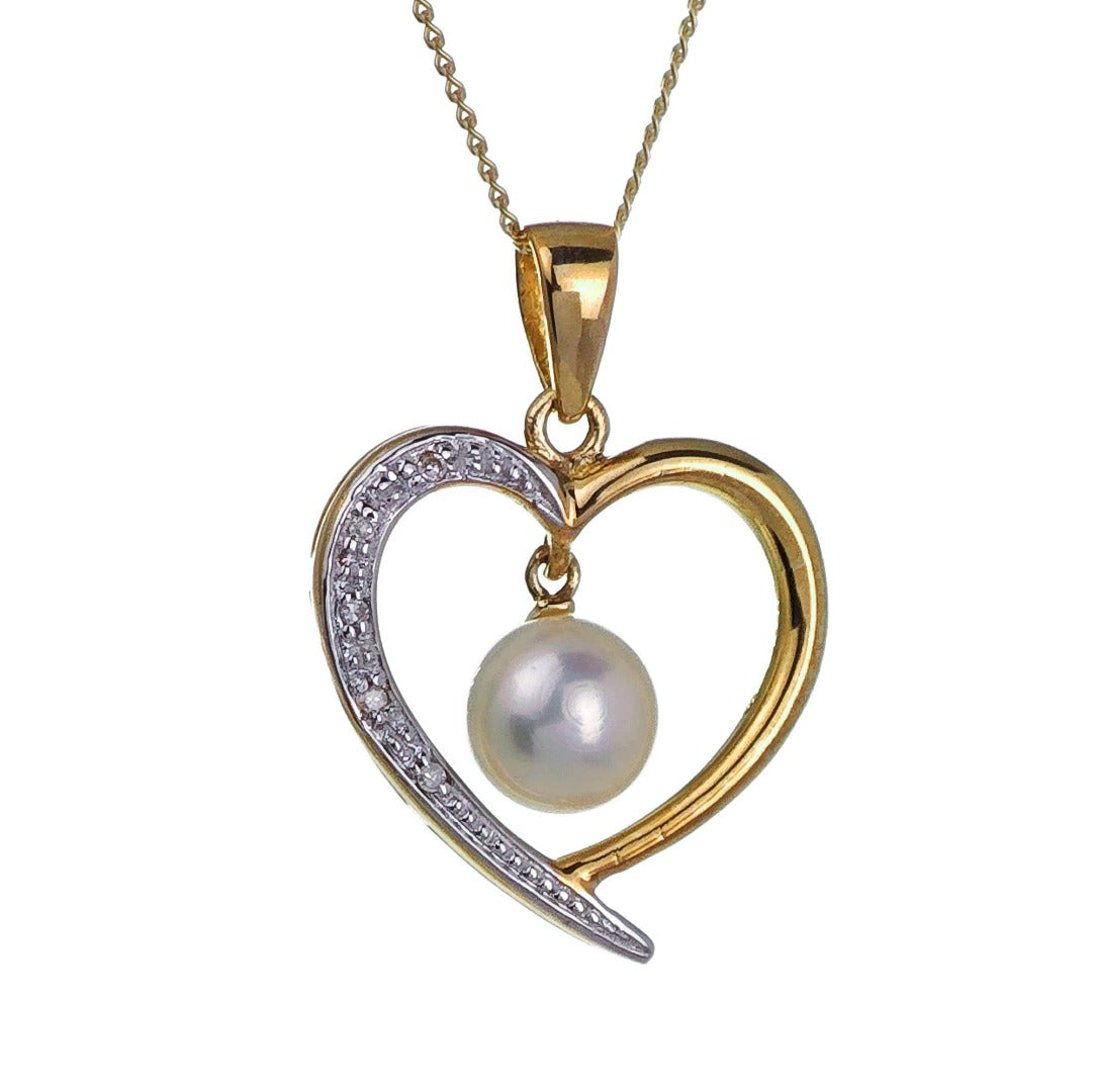 9ct Pearl Heart Necklace Diamond Yellow Gold White Round Natural Gemstone Boxed