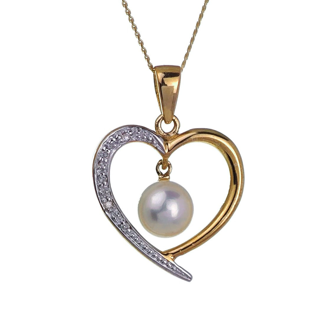 9ct Pearl Heart Necklace Diamond Yellow Gold White Round Natural Gemstone Boxed