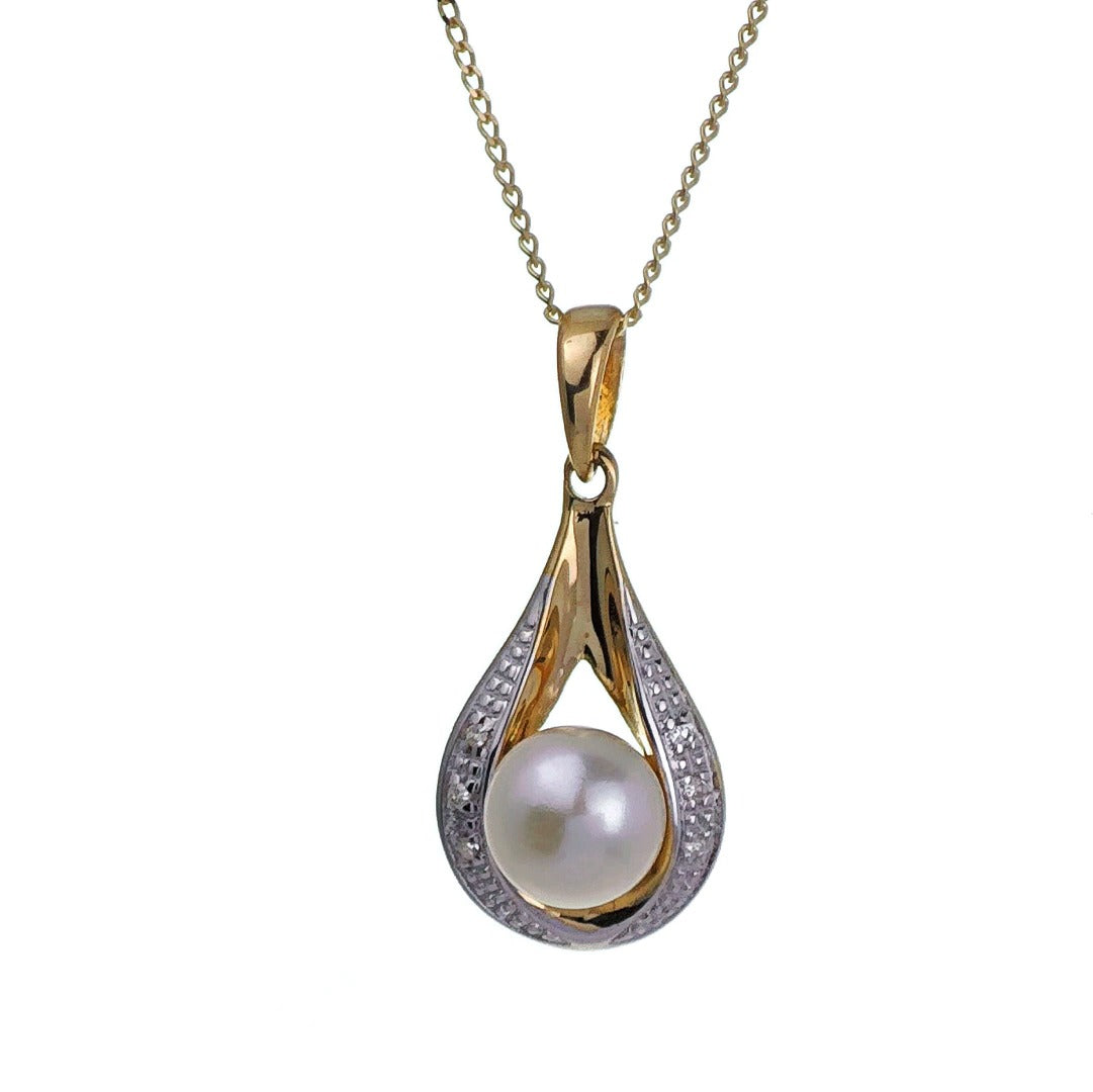 9ct Pearl Necklace Diamonds Yellow Gold White Round Natural Gemstone Boxed