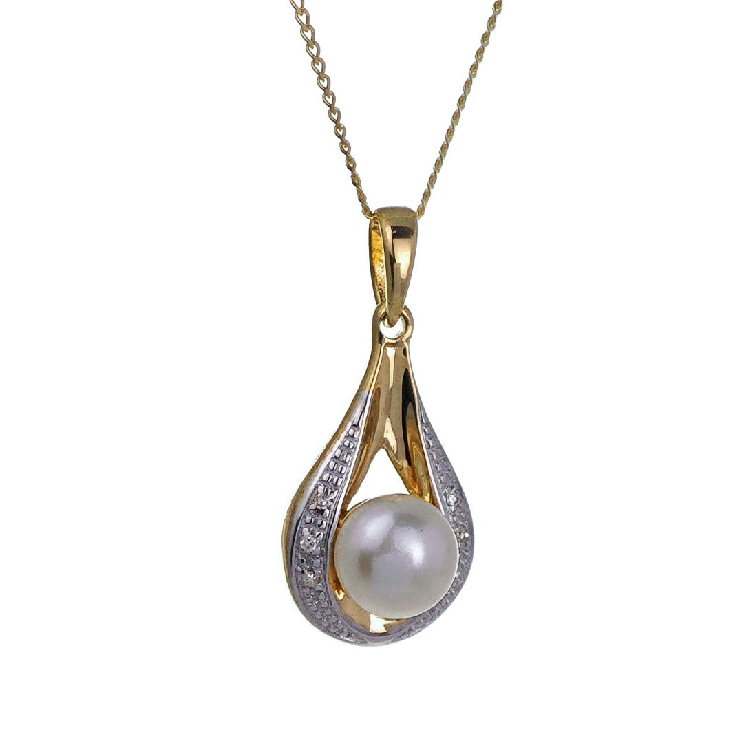 9ct Pearl Necklace Diamonds Yellow Gold White Round Natural Gemstone Boxed