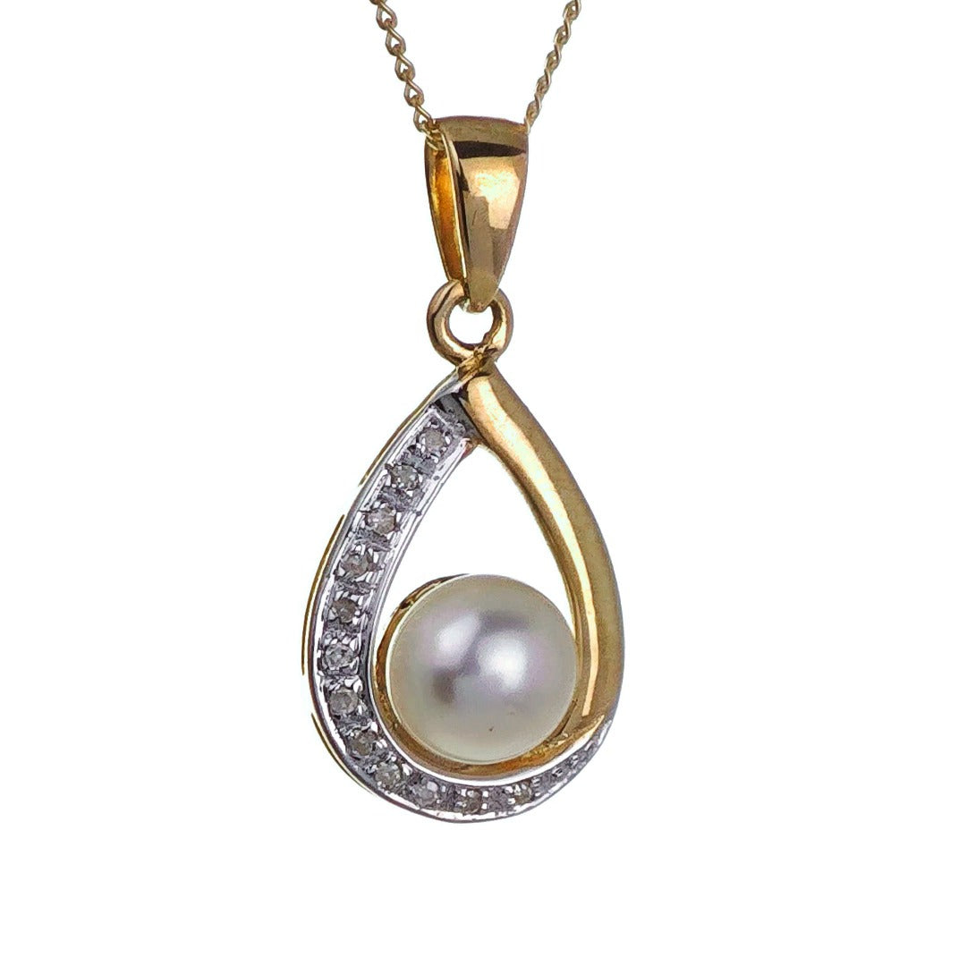 9ct Pearl Necklace Yellow Gold Diamond White Round Natural Gemstone