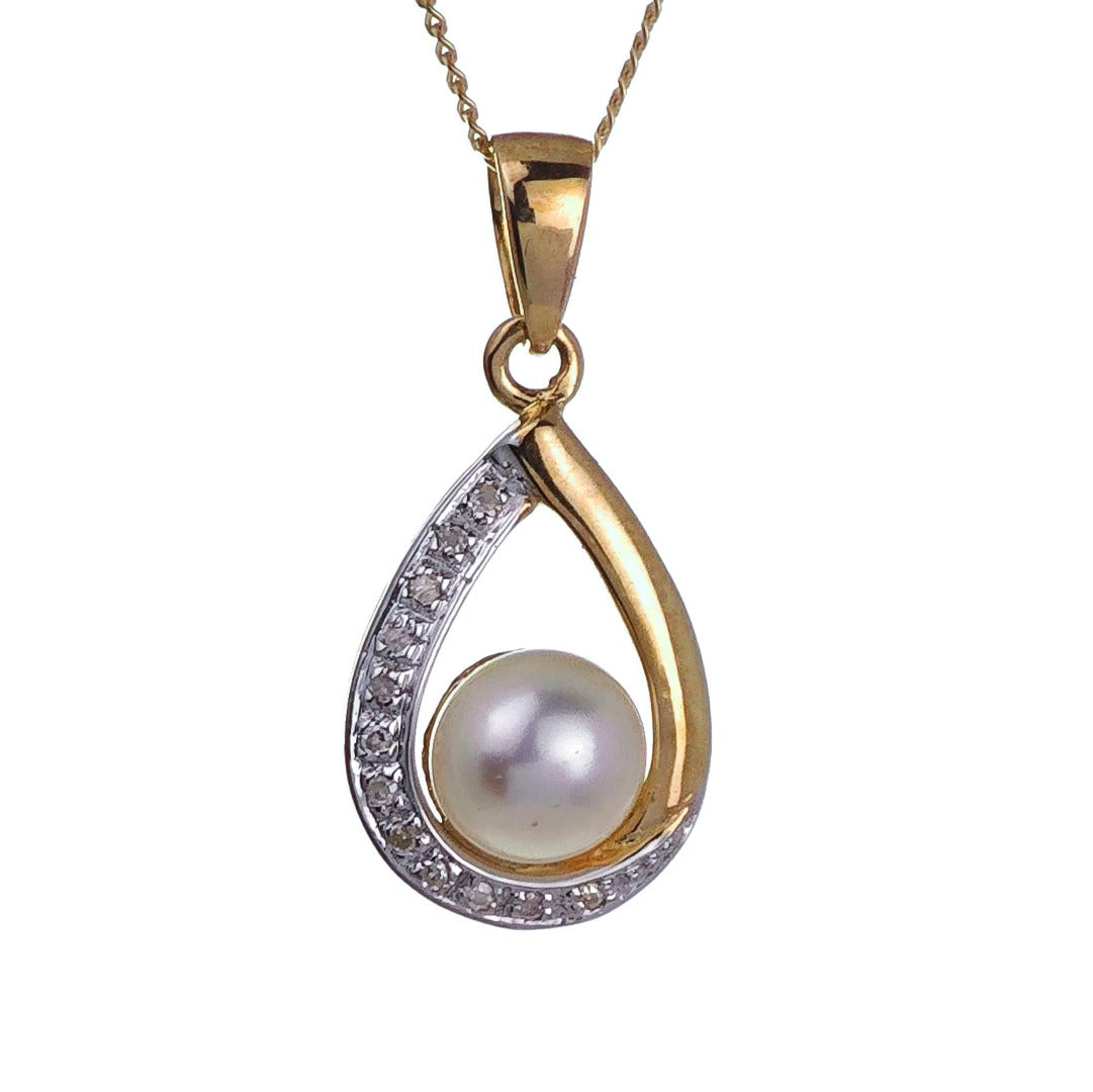 9ct Pearl Necklace Yellow Gold Diamond White Round Natural Gemstone