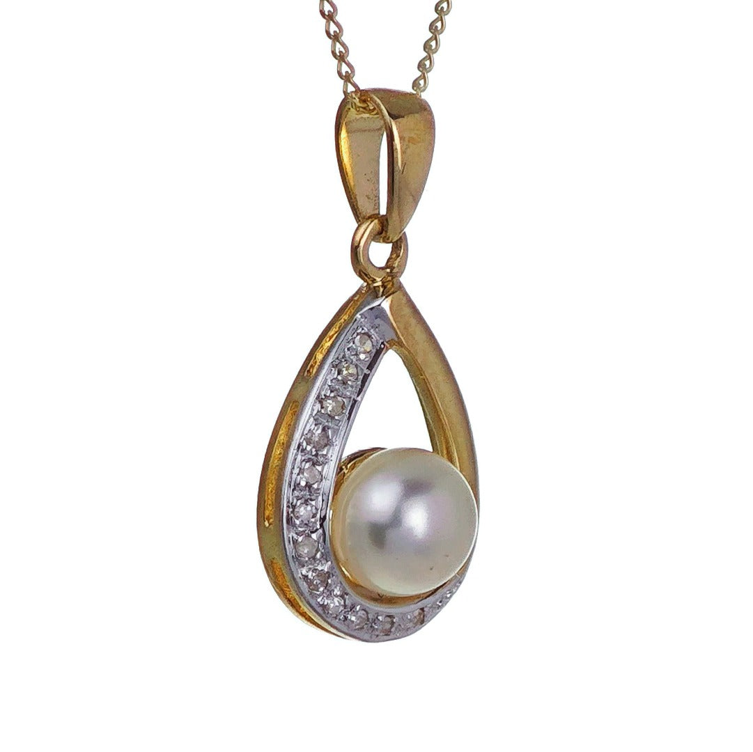 9ct Pearl Necklace Yellow Gold Diamond White Round Natural Gemstone