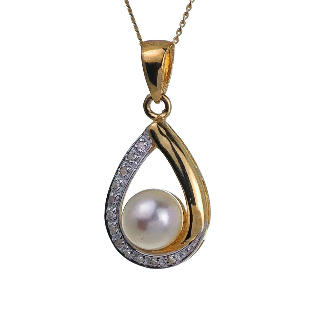 9ct Pearl Necklace Yellow Gold Diamond White Round Natural Gemstone