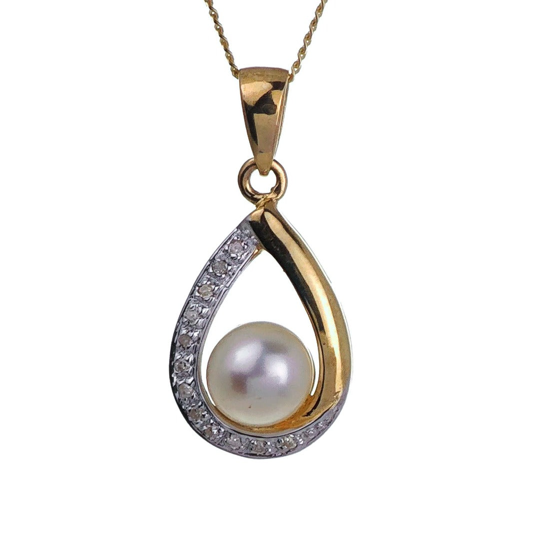 9ct Pearl Necklace Yellow Gold Diamond White Round Natural Gemstone