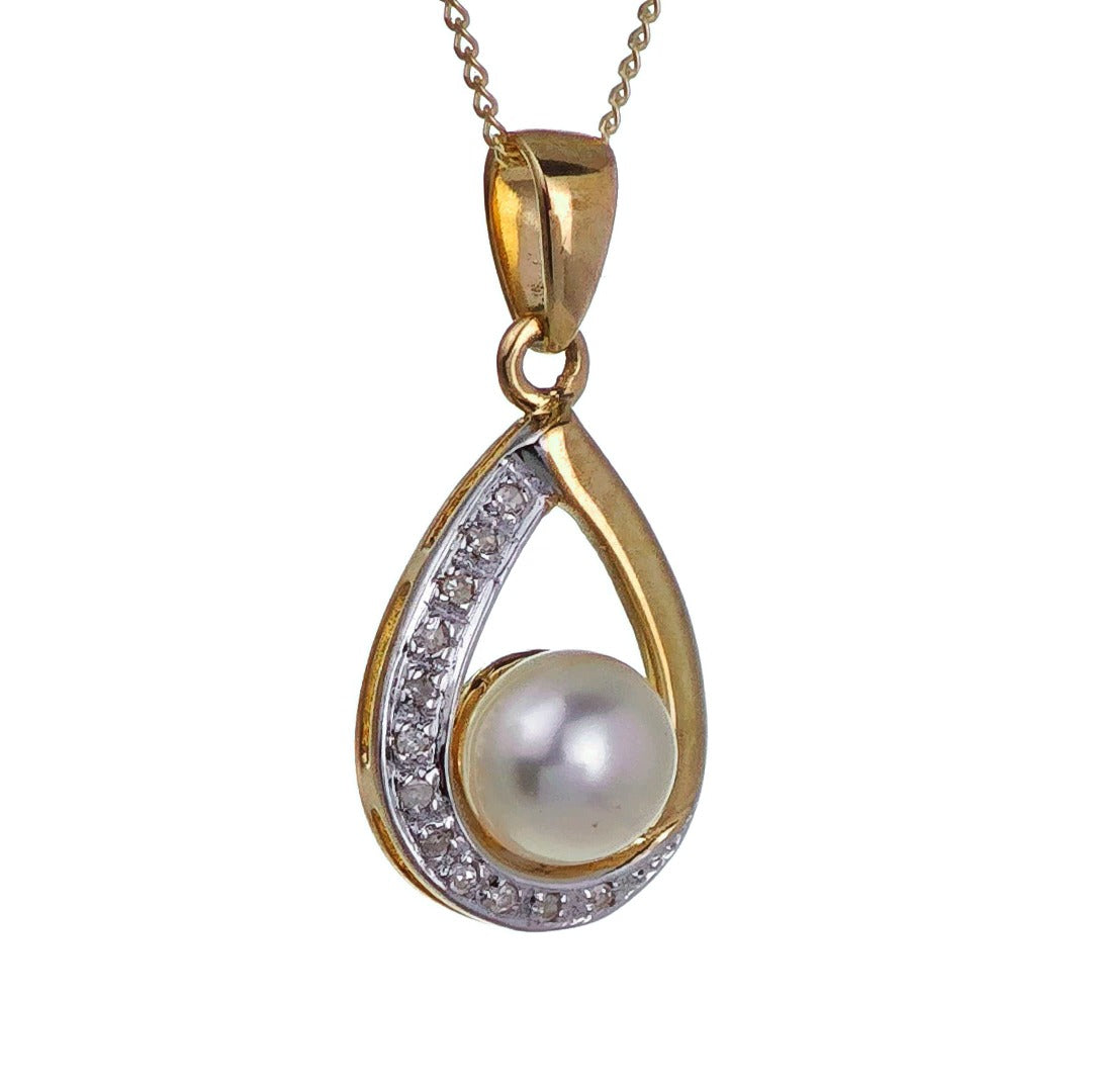 9ct Pearl Necklace Yellow Gold Diamond White Round Natural Gemstone