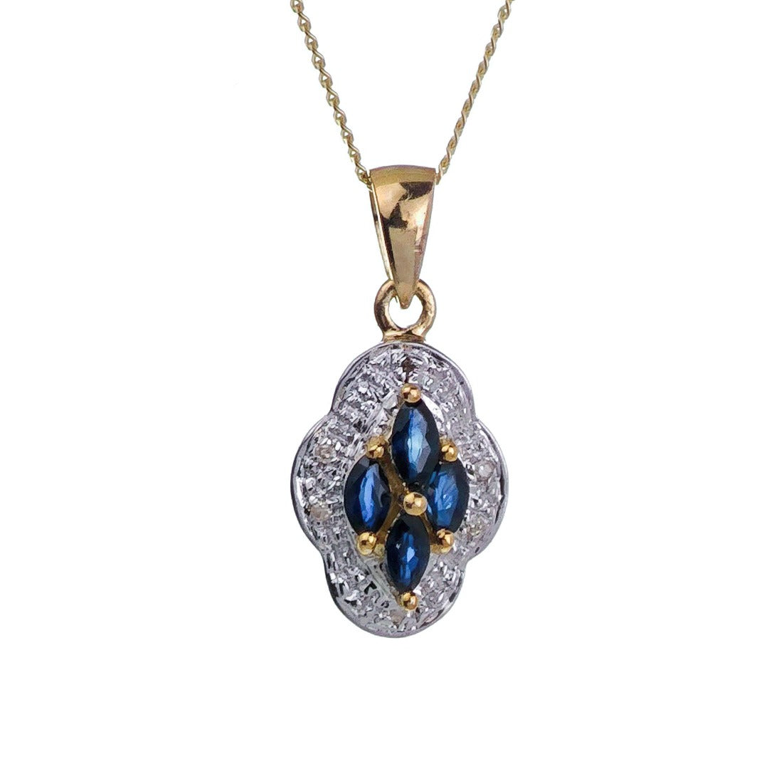 9ct Sapphire Necklace Yellow Gold 0.39ct Blue Marquise Natural Gemstone