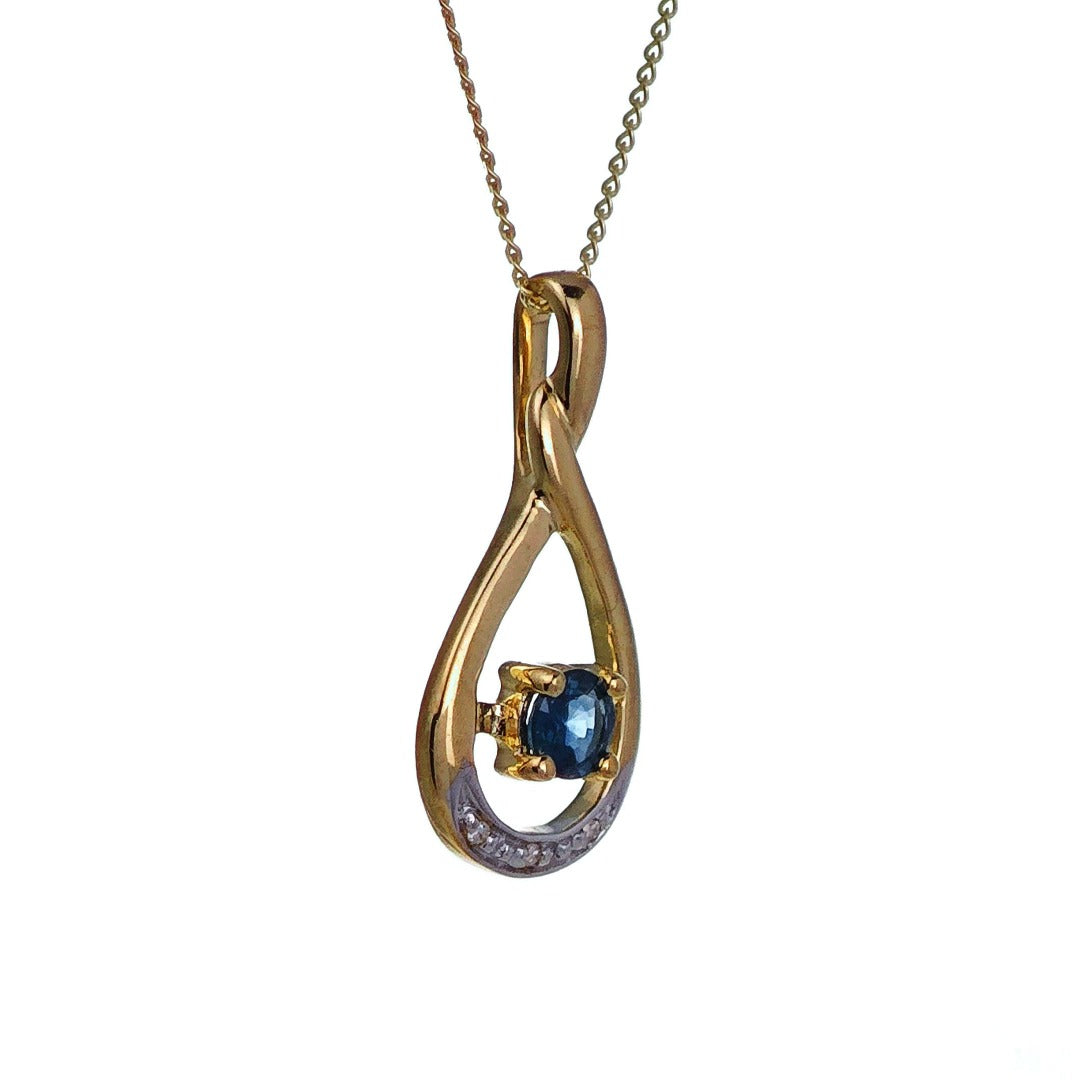 9ct Sapphire Necklace Diamonds Yellow Gold 0.26ct Blue Round Natural Gemstone