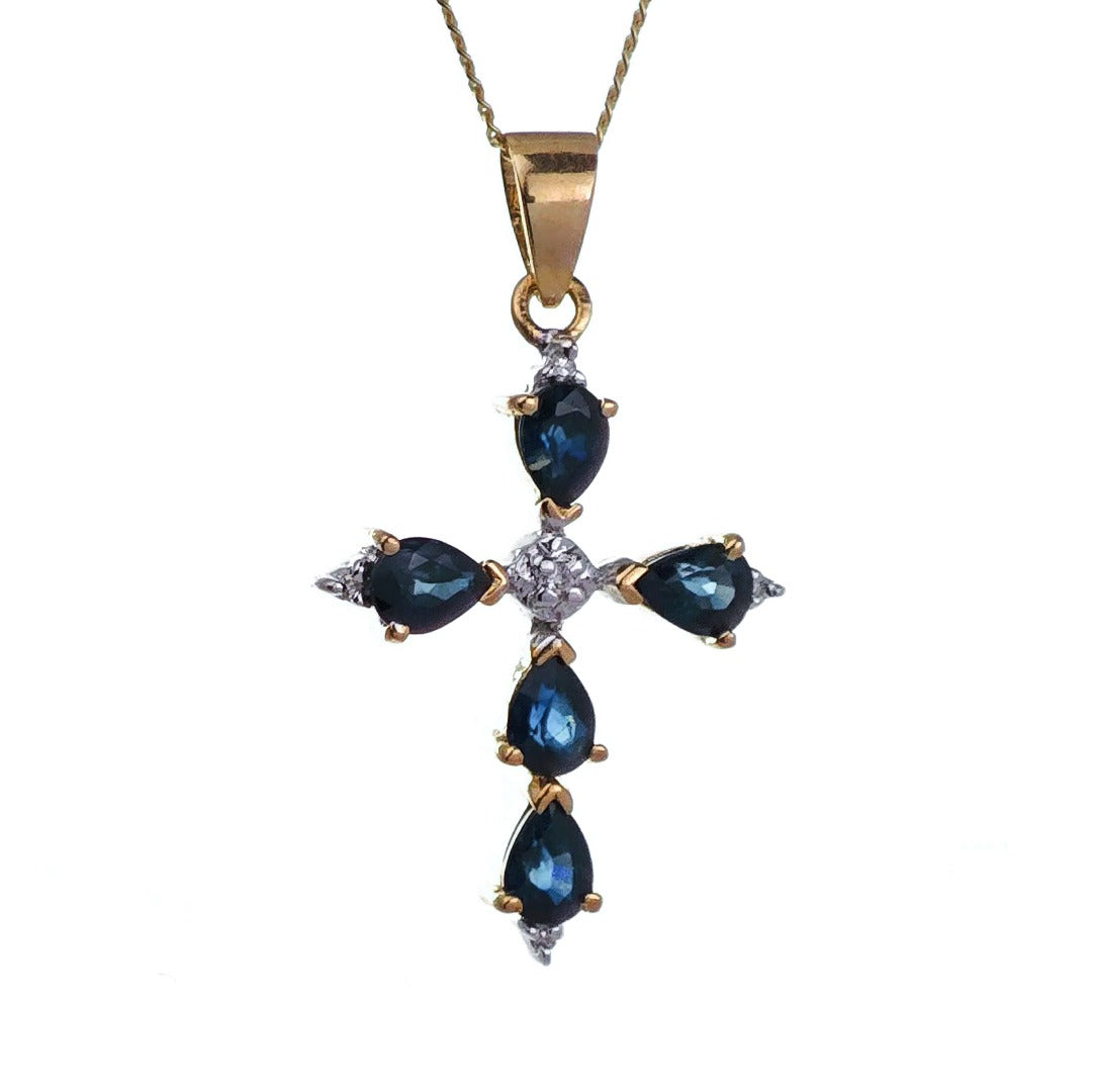 9ct Sapphire Cross Necklace Diamond Yellow Gold 1.15ct Blue Pear Natural Gemstone