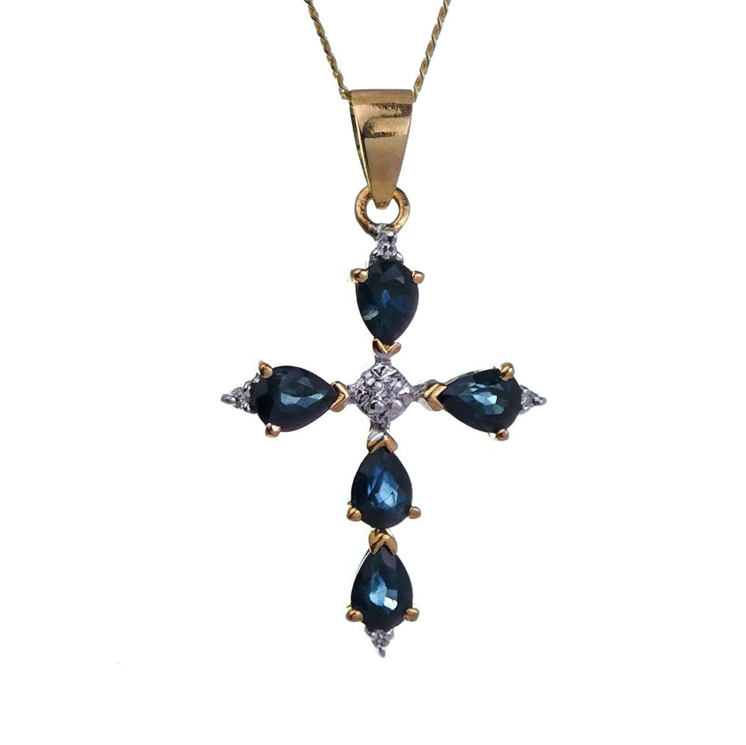 9ct Sapphire Cross Necklace Diamond Yellow Gold 1.15ct Blue Pear Natural Gemstone