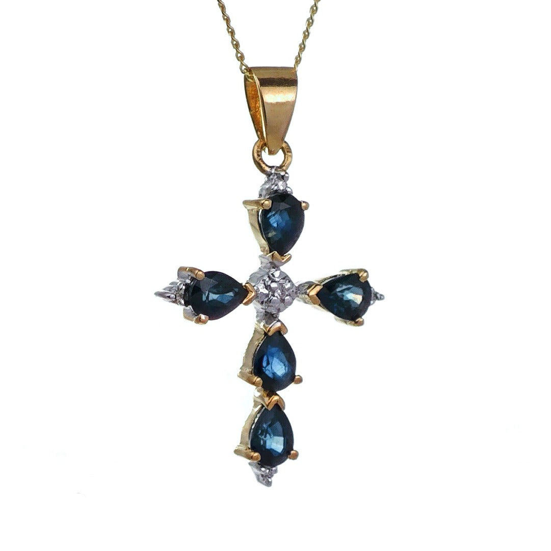 9ct Sapphire Cross Necklace Diamond Yellow Gold 1.15ct Blue Pear Natural Gemstone