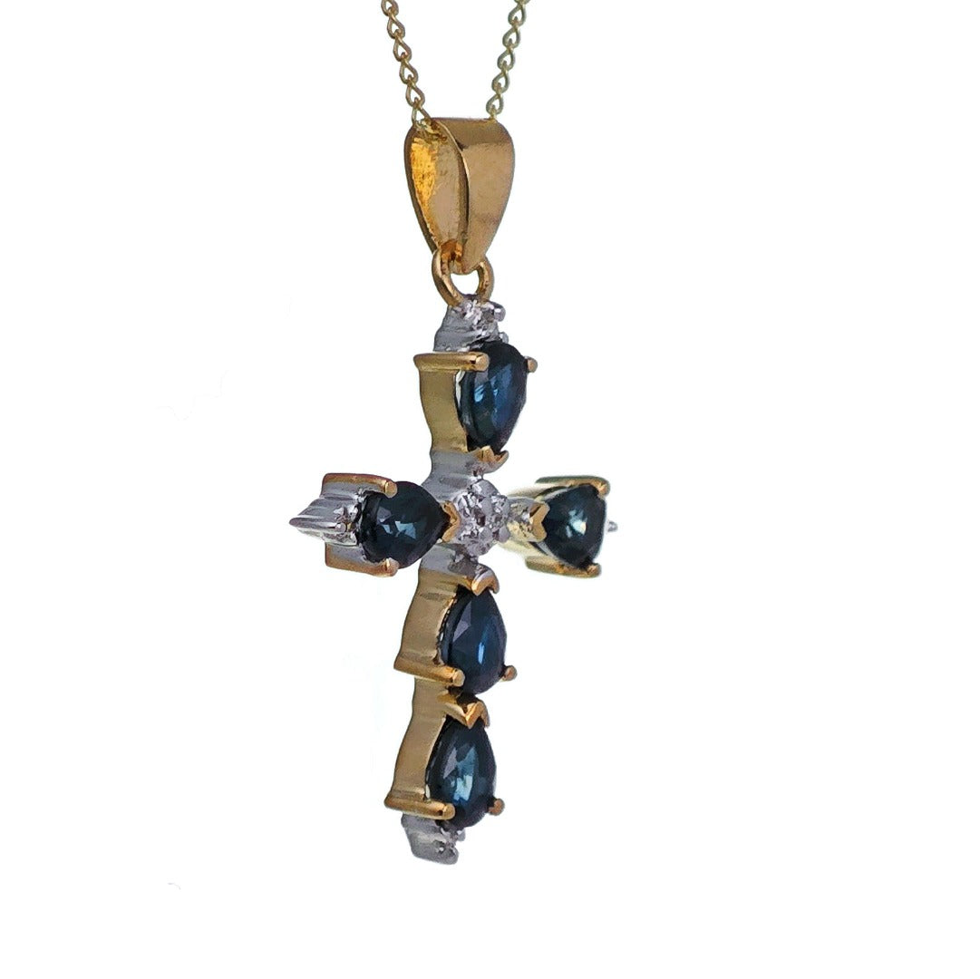 9ct Sapphire Cross Necklace Diamond Yellow Gold 1.15ct Blue Pear Natural Gemstone