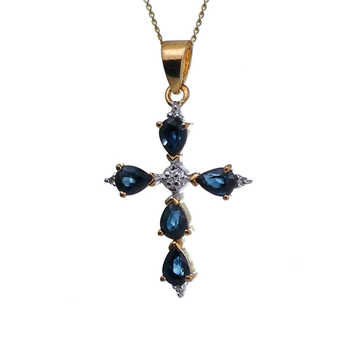 9ct Sapphire Cross Necklace Diamond Yellow Gold 1.15ct Blue Pear Natural Gemstone