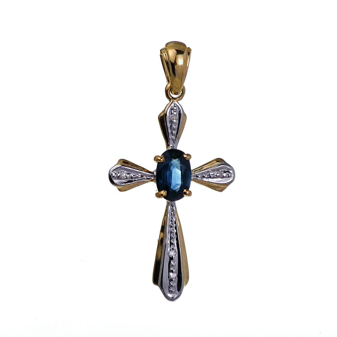 9ct Sapphire Cross Necklace Diamonds Yellow Gold 0.43ct Blue Natural Gemstone