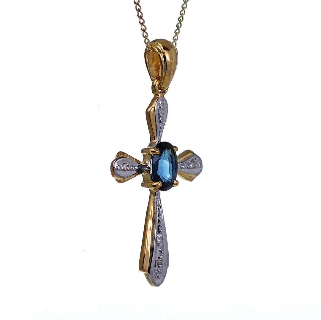 9ct Sapphire Cross Necklace Diamonds Yellow Gold 0.43ct Blue Natural Gemstone