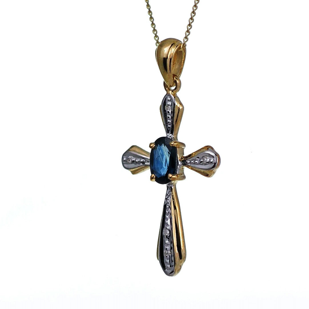 9ct Sapphire Cross Necklace Diamonds Yellow Gold 0.43ct Blue Natural Gemstone