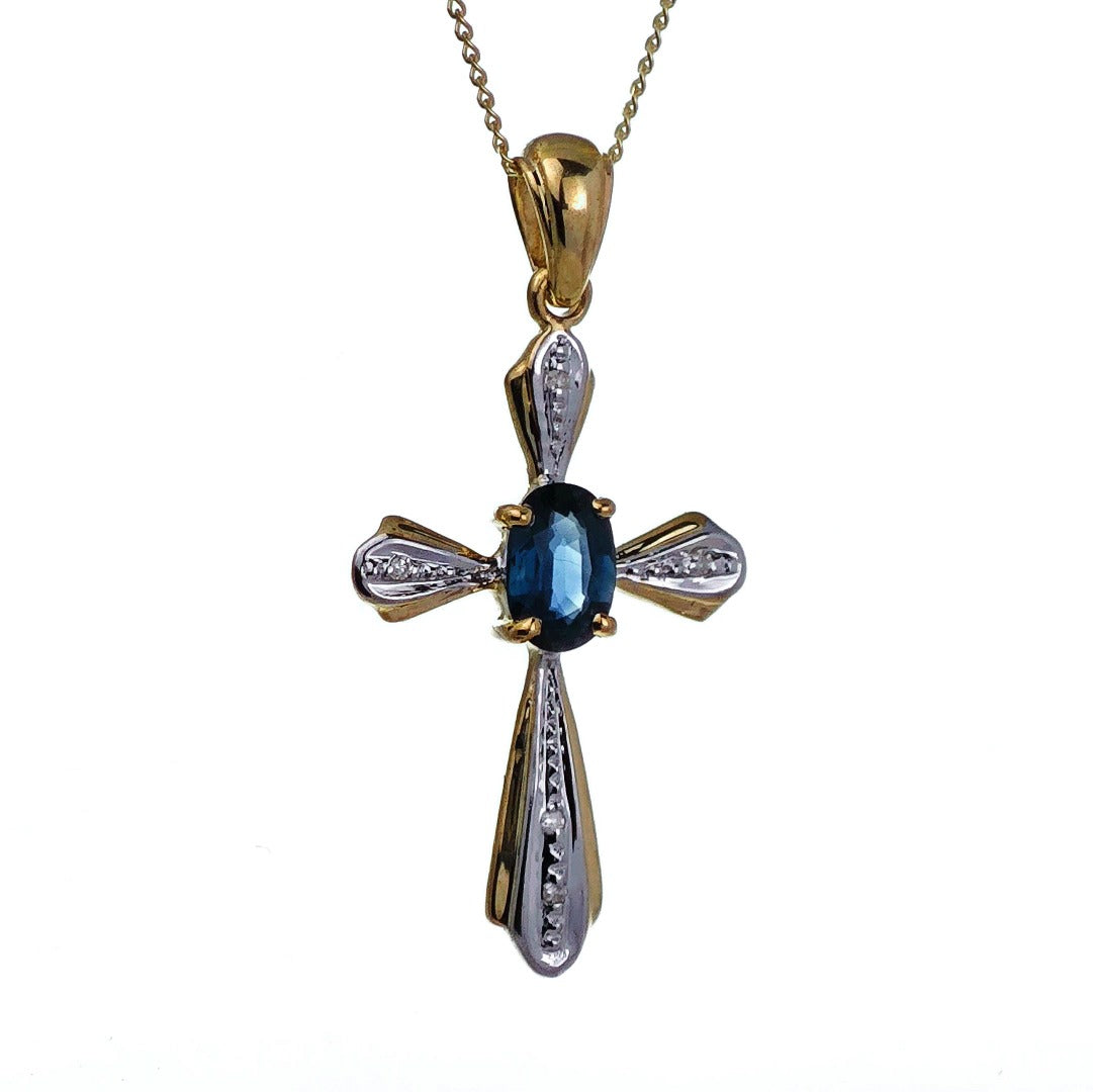 9ct Sapphire Cross Necklace Diamonds Yellow Gold 0.43ct Blue Natural Gemstone