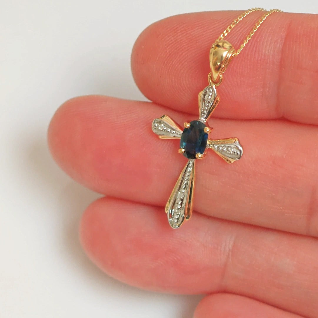 9ct Sapphire Cross Necklace Diamonds Yellow Gold 0.43ct Blue Natural Gemstone