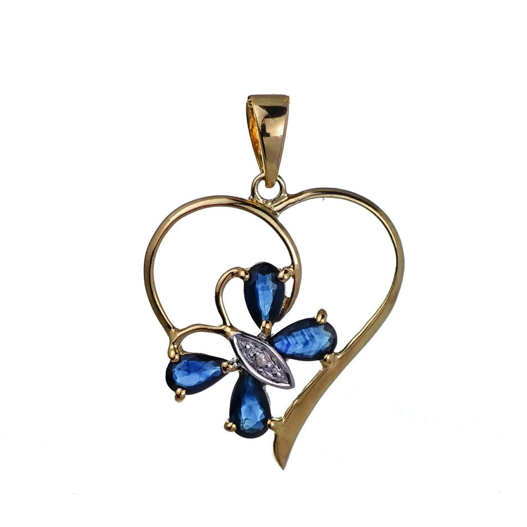 9ct Sapphire Heart Necklace Diamond Gold 1.22ct Blue Natural Gemstone Butterfly