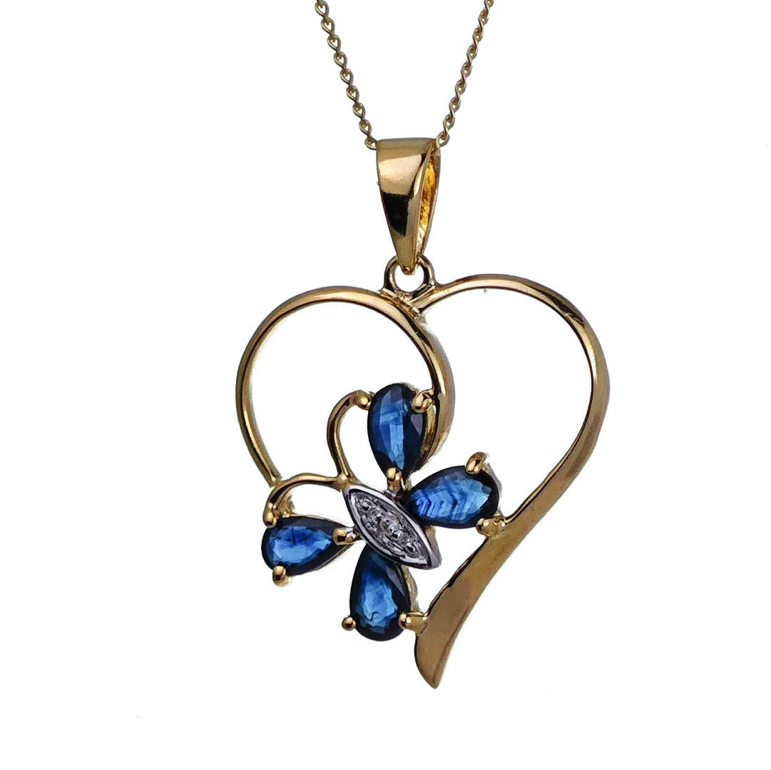 9ct Sapphire Heart Necklace Diamond Gold 1.22ct Blue Natural Gemstone Butterfly