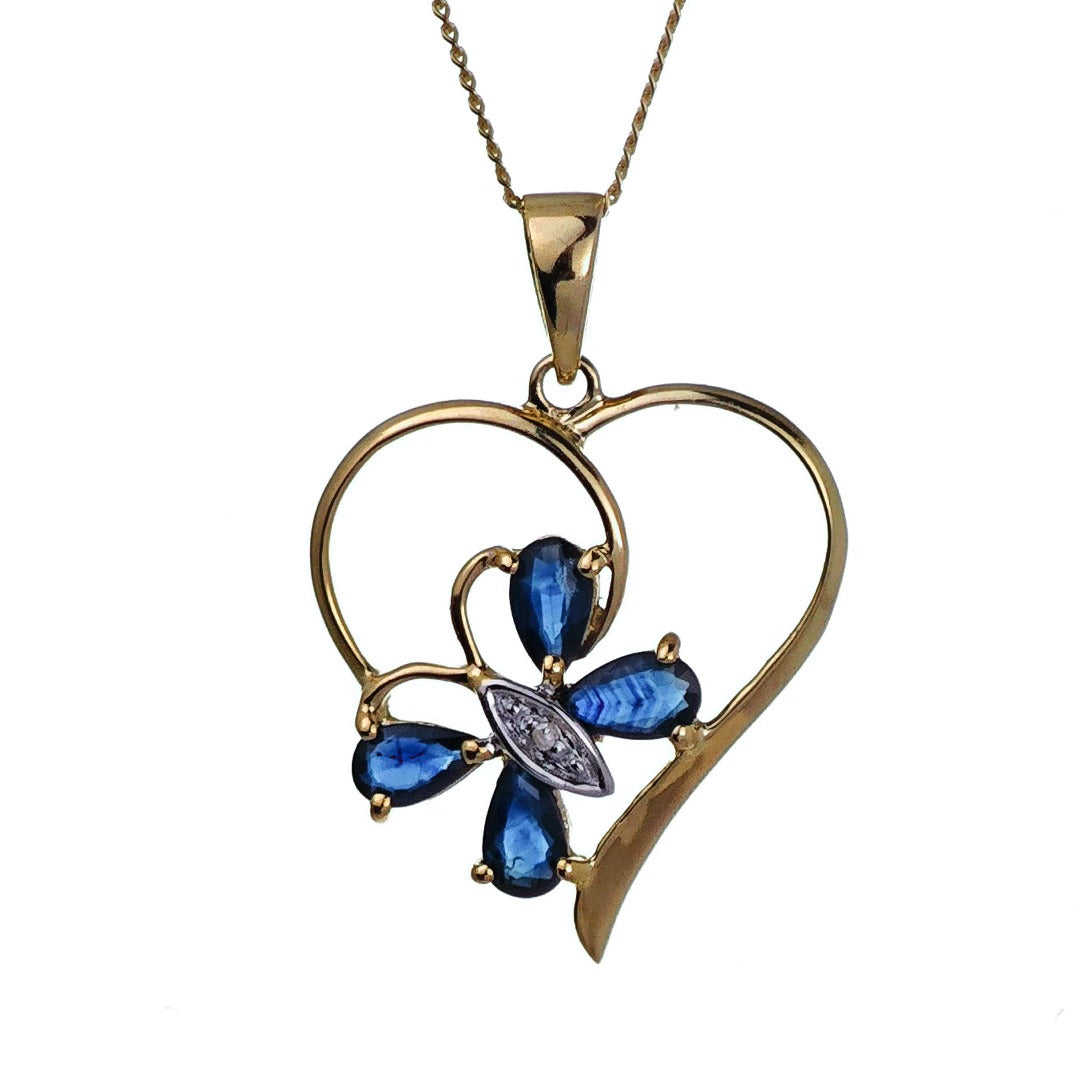 9ct Sapphire Heart Necklace Diamond Gold 1.22ct Blue Natural Gemstone Butterfly