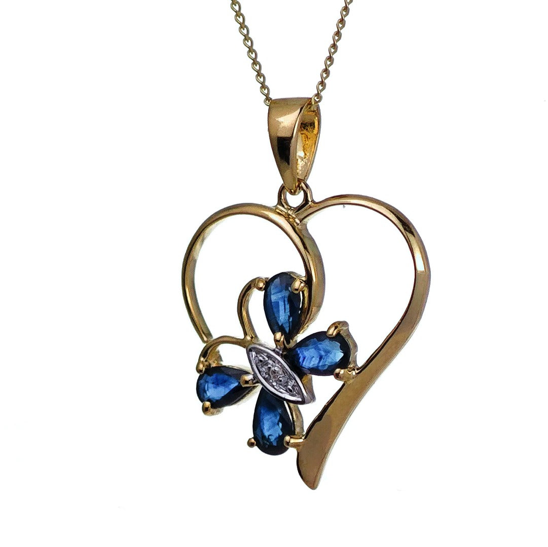 9ct Sapphire Heart Necklace Diamond Gold 1.22ct Blue Natural Gemstone Butterfly