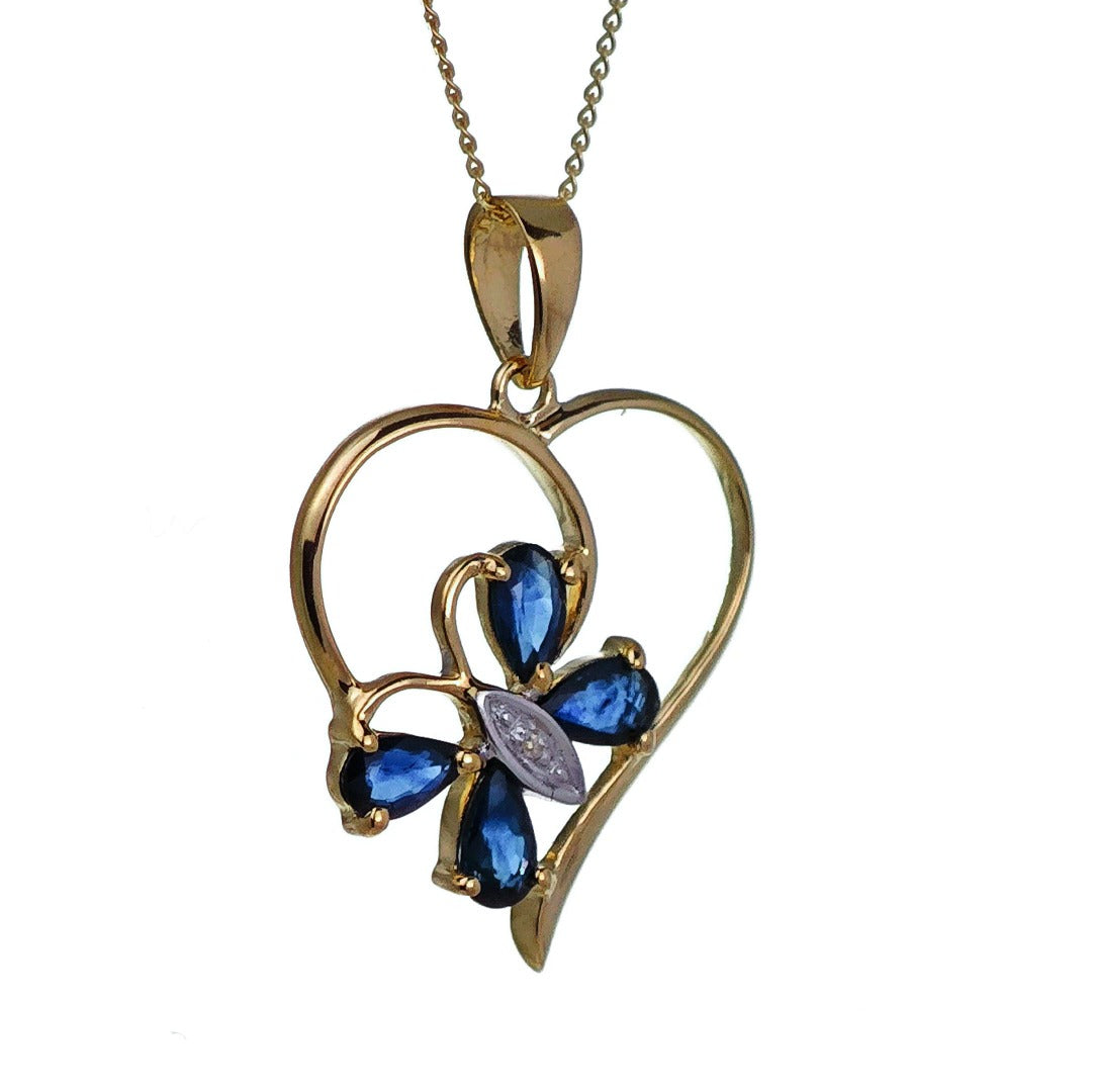 9ct Sapphire Heart Necklace Diamond Gold 1.22ct Blue Natural Gemstone Butterfly