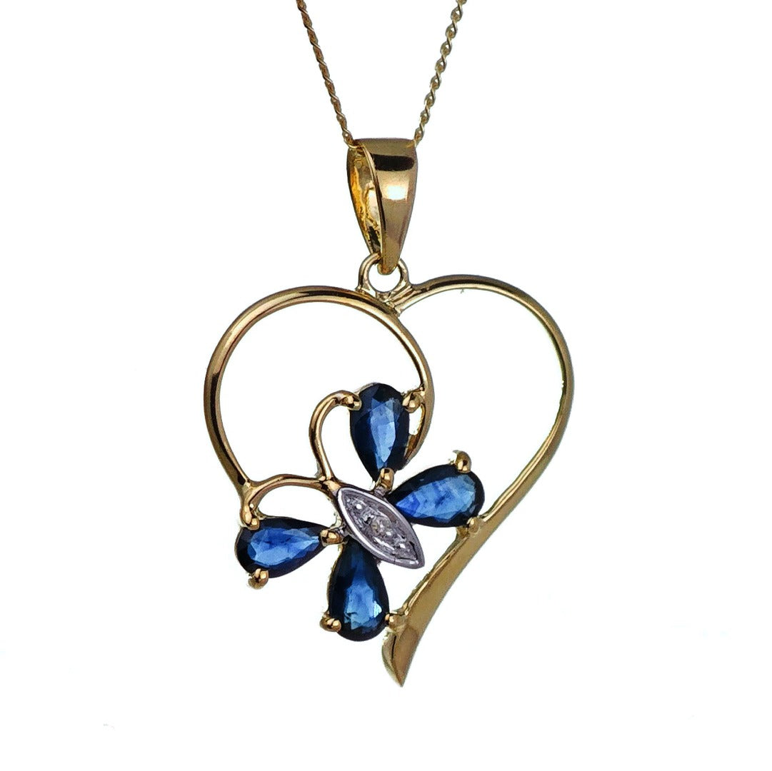 9ct Sapphire Heart Necklace Diamond Gold 1.22ct Blue Natural Gemstone Butterfly