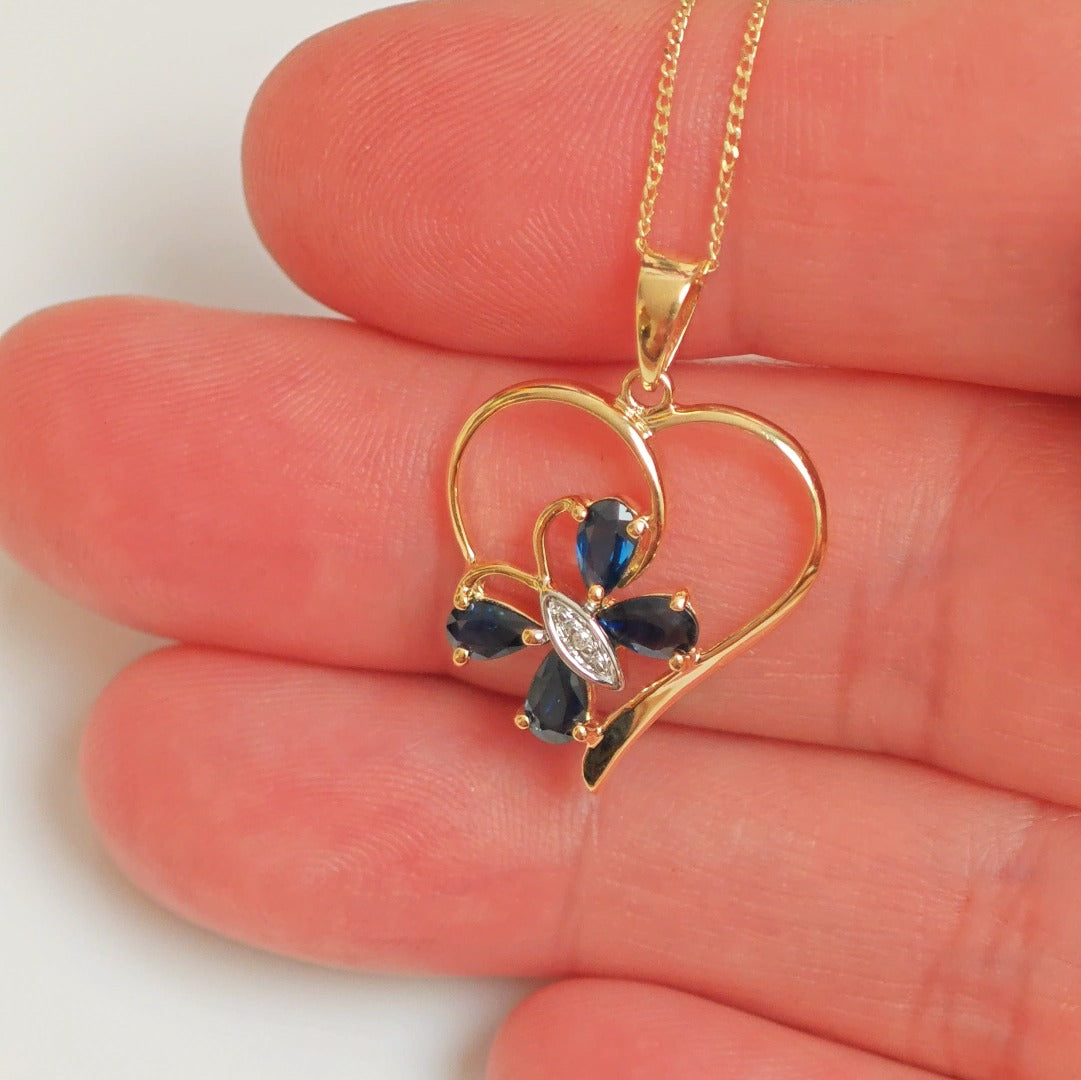 9ct Sapphire Heart Necklace Diamond Gold 1.22ct Blue Natural Gemstone Butterfly