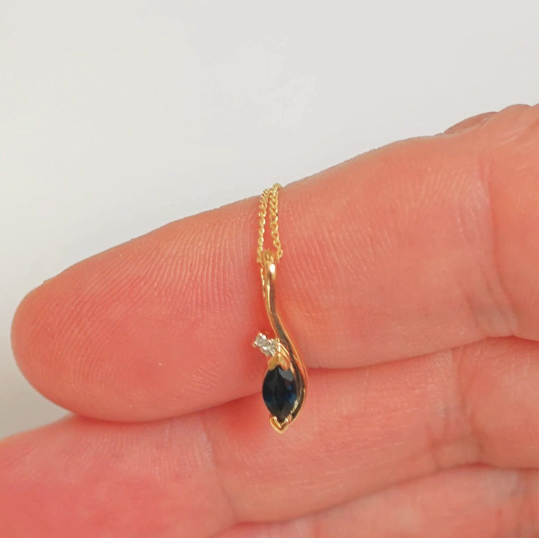 9ct Sapphire Necklace Yellow Gold 0.33ct Blue Marquise Natural Gemstone