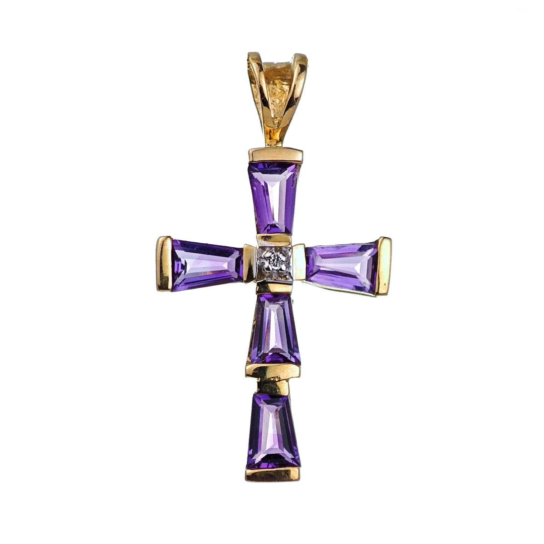 9ct Amethyst Cross Necklace Diamond Yellow Gold 1.2ct Purple Natural Gemstones