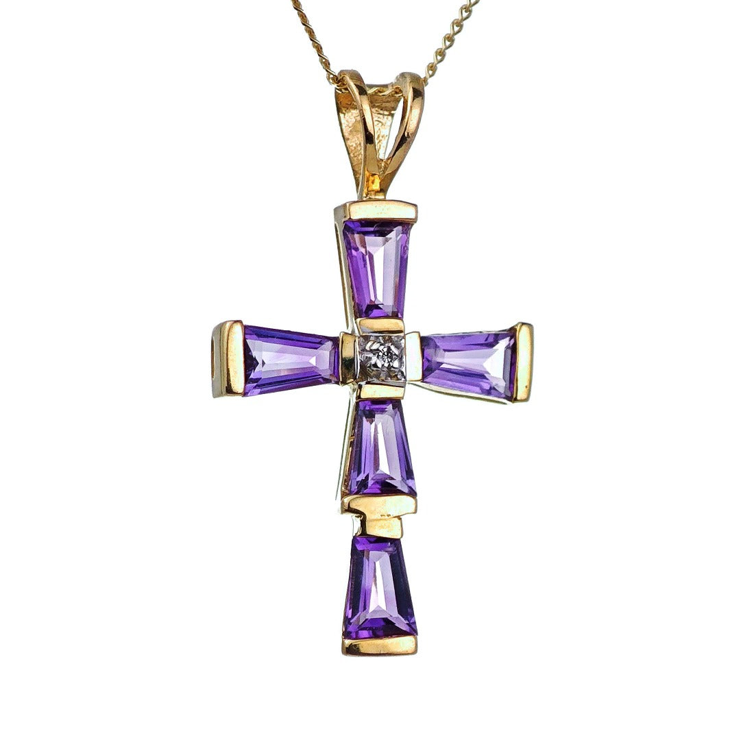 9ct Amethyst Cross Necklace Diamond Yellow Gold 1.2ct Purple Natural Gemstones