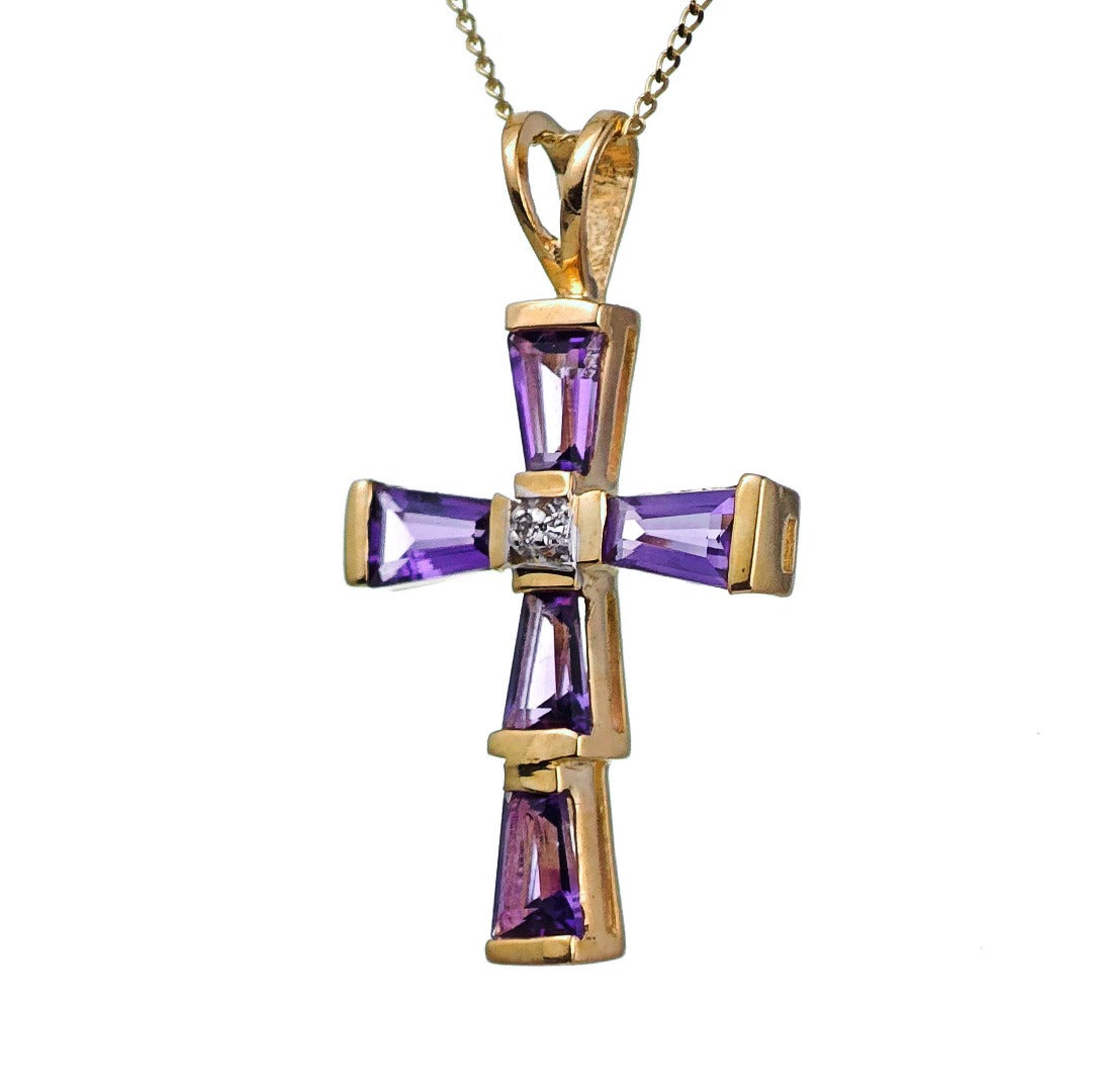 9ct Amethyst Cross Necklace Diamond Yellow Gold 1.2ct Purple Natural Gemstones