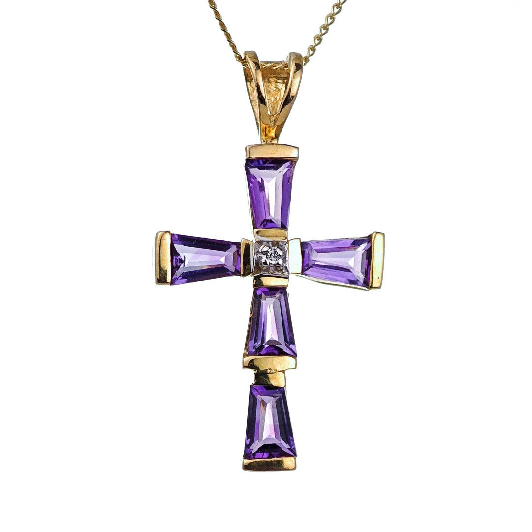 9ct Amethyst Cross Necklace Diamond Yellow Gold 1.2ct Purple Natural Gemstones