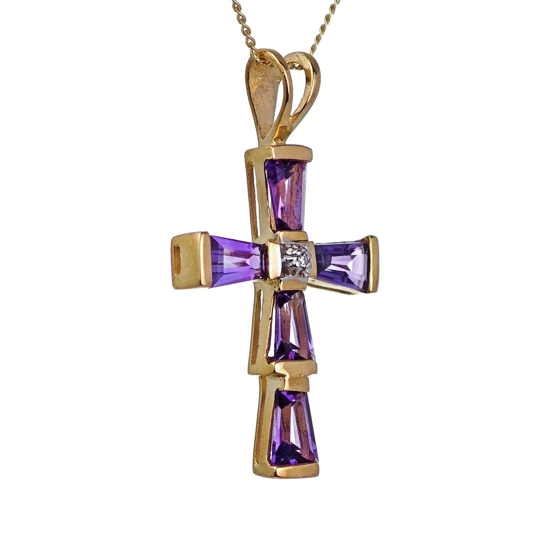 9ct Amethyst Cross Necklace Diamond Yellow Gold 1.2ct Purple Natural Gemstones