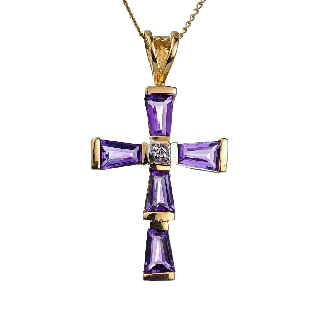 9ct Amethyst Cross Necklace Diamond Yellow Gold 1.2ct Purple Natural Gemstones