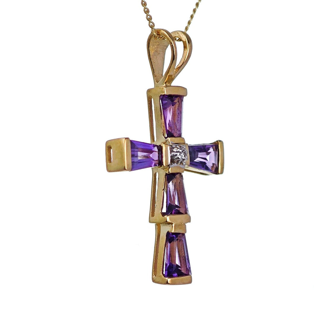 9ct Amethyst Cross Necklace Diamond Yellow Gold 1.2ct Purple Natural Gemstones