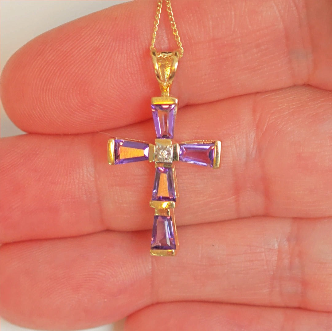 9ct Amethyst Cross Necklace Diamond Yellow Gold 1.2ct Purple Natural Gemstones