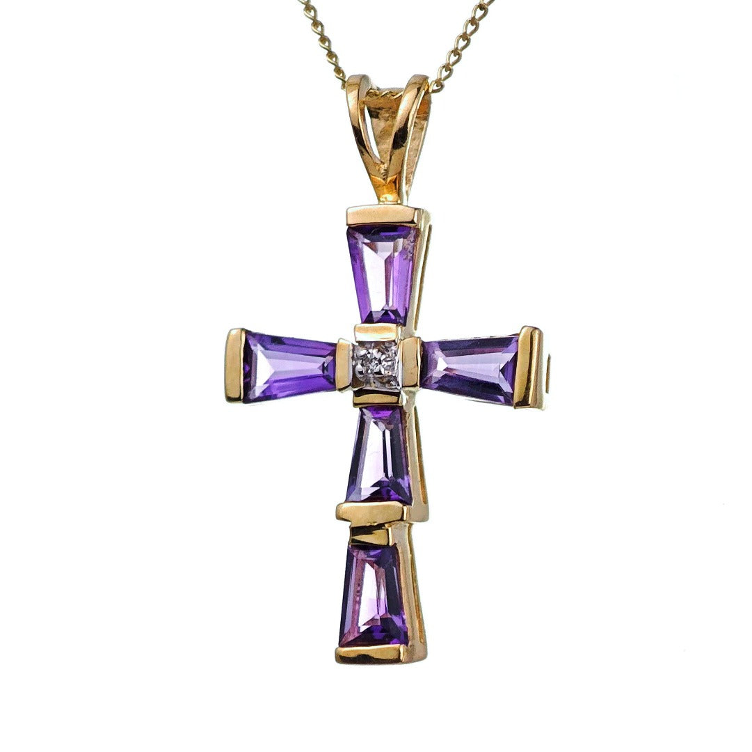 9ct Amethyst Cross Necklace Diamond Yellow Gold 1.2ct Purple Natural Gemstones