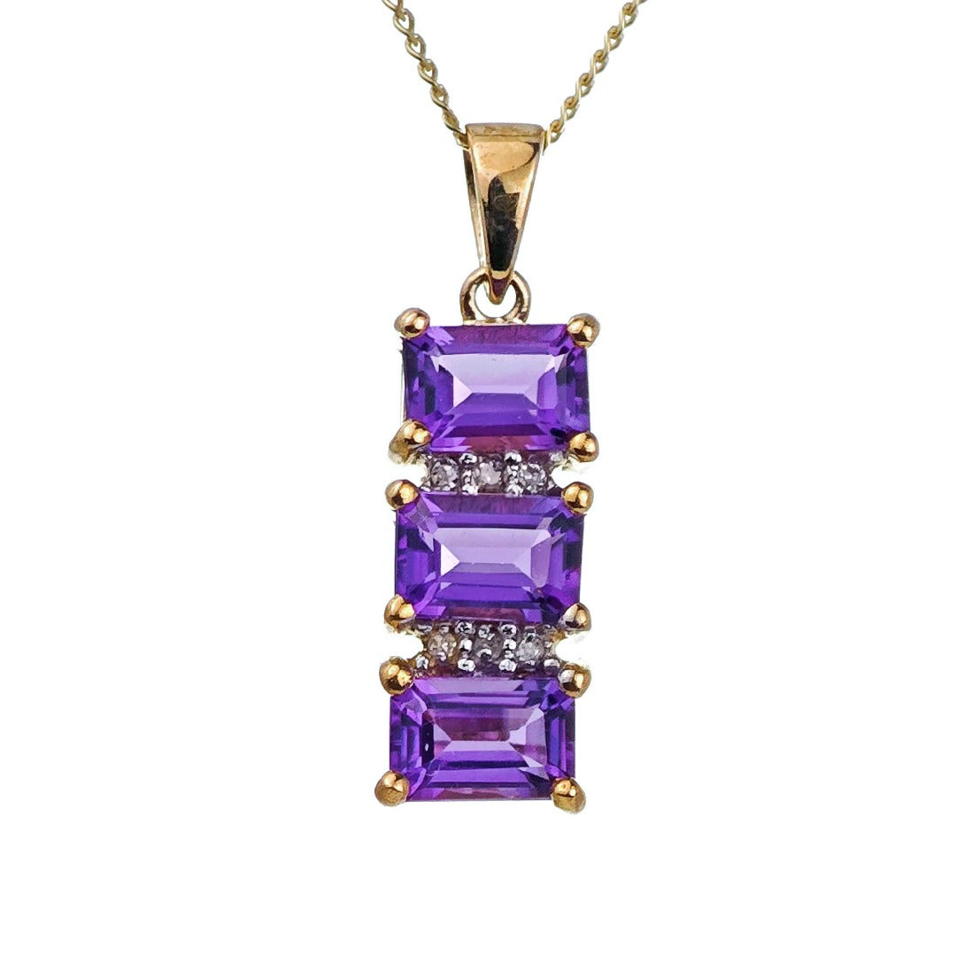 9ct Amethyst Necklace Yellow Gold 1.58ct Purple Square Natural Gemstones Boxed