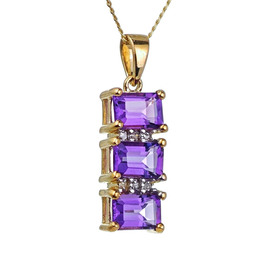 9ct Amethyst Necklace Yellow Gold 1.58ct Purple Square Natural Gemstones Boxed