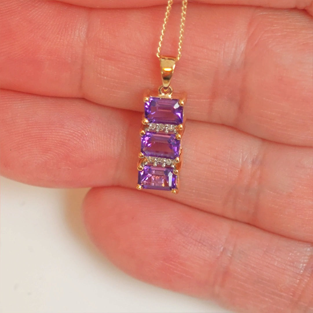 9ct Amethyst Necklace Yellow Gold 1.58ct Purple Square Natural Gemstones Boxed