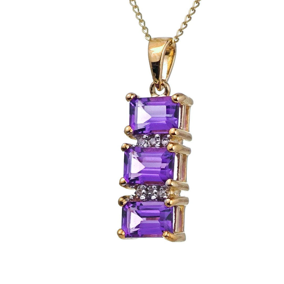 9ct Amethyst Necklace Yellow Gold 1.58ct Purple Square Natural Gemstones Boxed