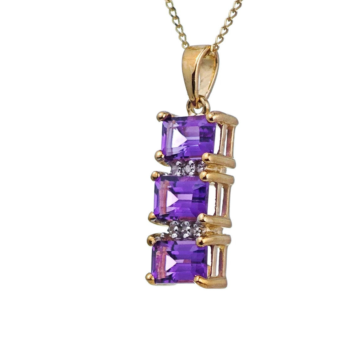 9ct Amethyst Necklace Yellow Gold 1.58ct Purple Square Natural Gemstones Boxed