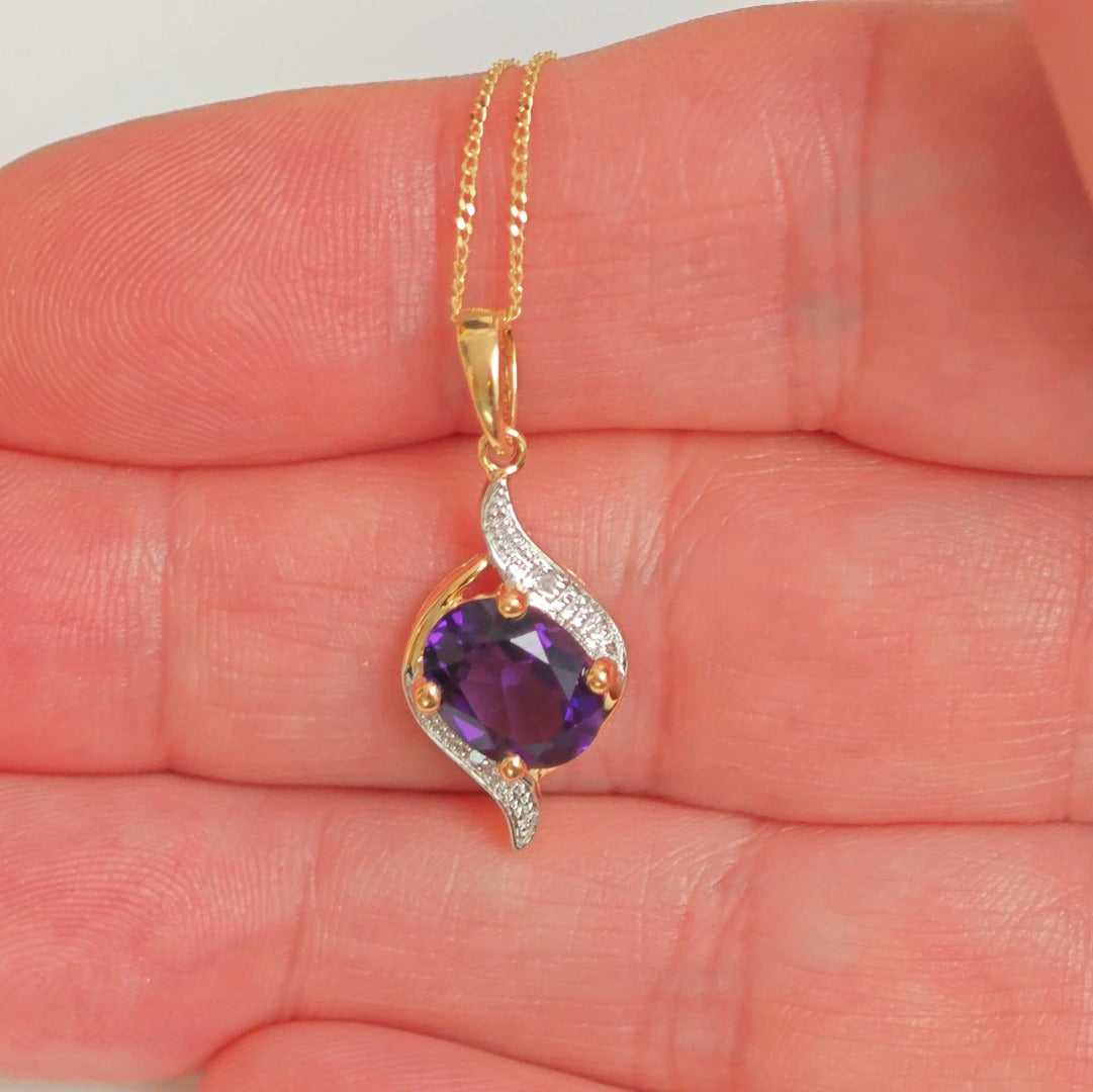 9ct Amethyst Necklace Yellow Gold 1.5ct Purple Oval Natural Gemstone